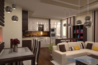 Кујна дизајн со јадење и дневна соба во приватна куќа: слика на идеи за планирање