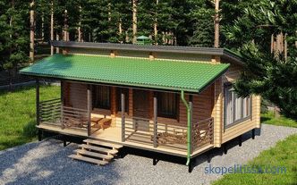 Куќи со посно-покрив, проекти на дрвени еднокатни куќи, уред, дијаграми и цртежи, фотографии